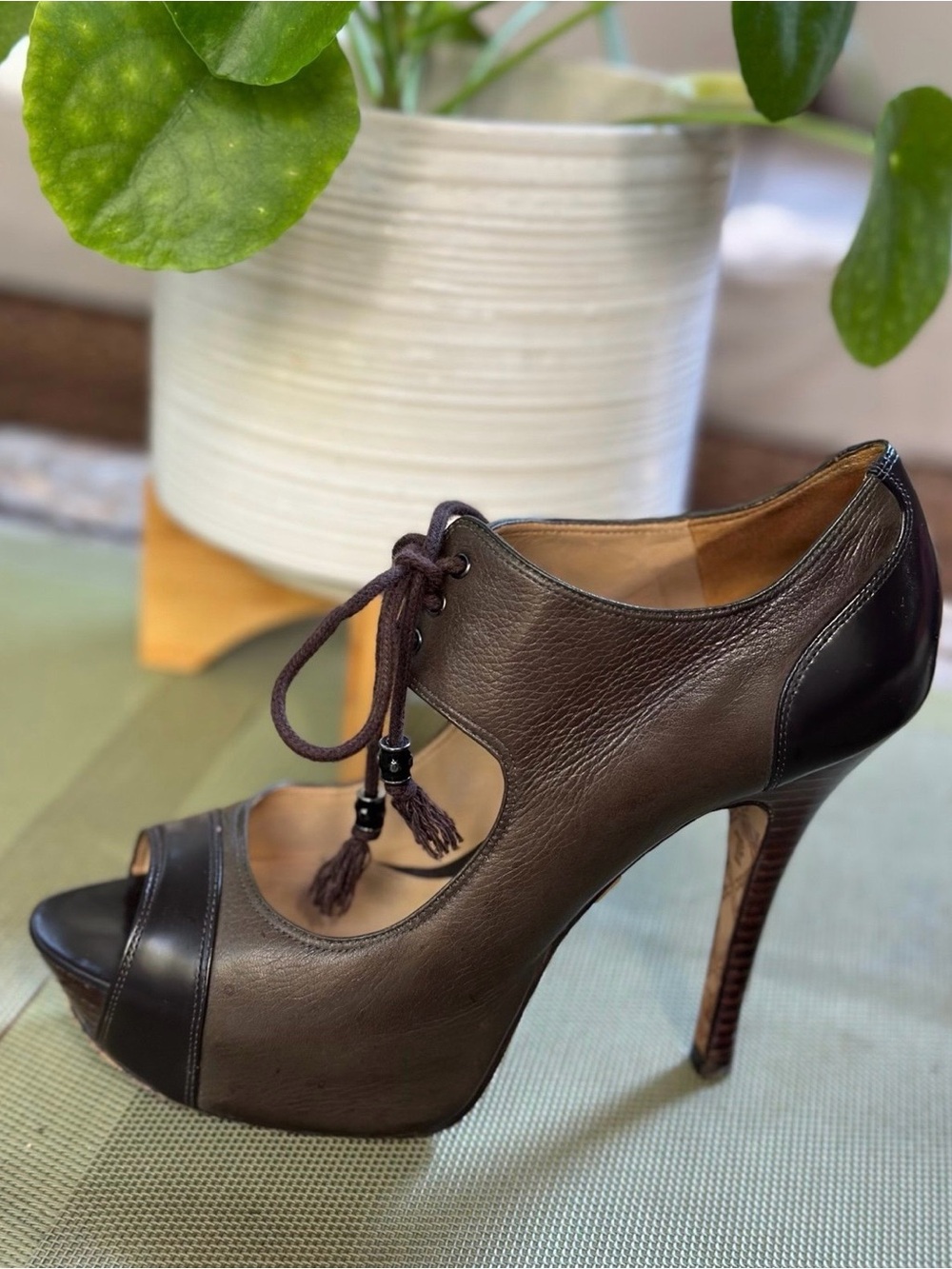 L.A.M.B. Leather Lace-Up Peep-Toe High Heel in Dark Olive and Brown